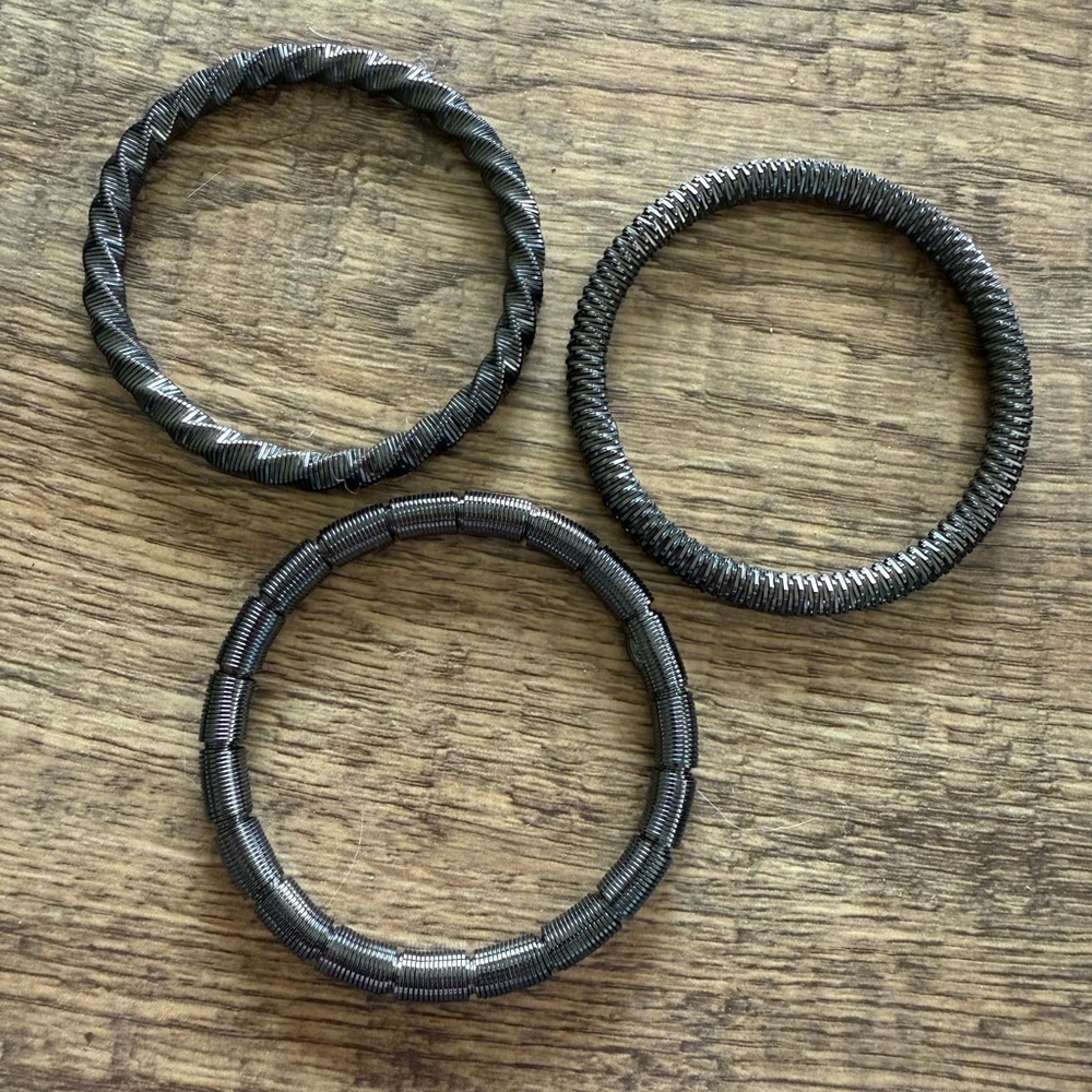 Set of 3 Dark Grey Metal Stretchy Stackable Textured Bracelets